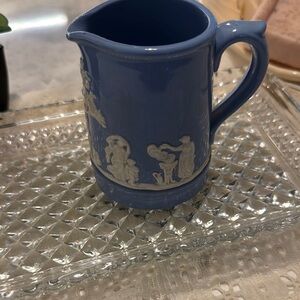 Blue Ceramic Pitcher with White Detailing
